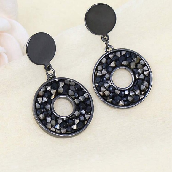 Black Round Circle Dangle Earrings - Picture 4 of 7